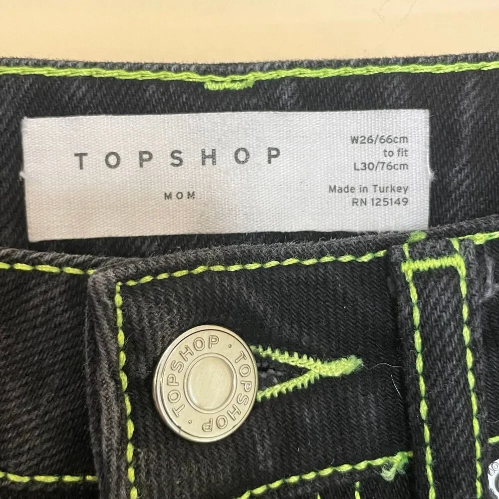 Black Topshop Mom Jeans with Neon Green Stitching size 26x30